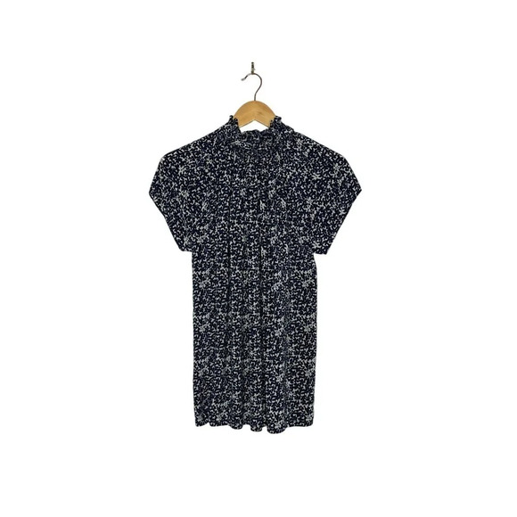 Rungolee Size S Silk Crepe High Neck Floral Blouse in Navy and Whitr - Picture 2 of 5